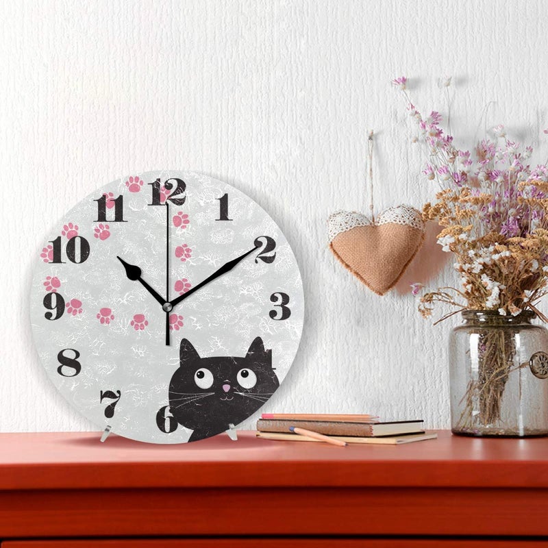 senya Wall Clock Silent Non Ticking, Round Cat and Paw Print Art Clock for Home Bedroom Office Easy to Read - Image 2